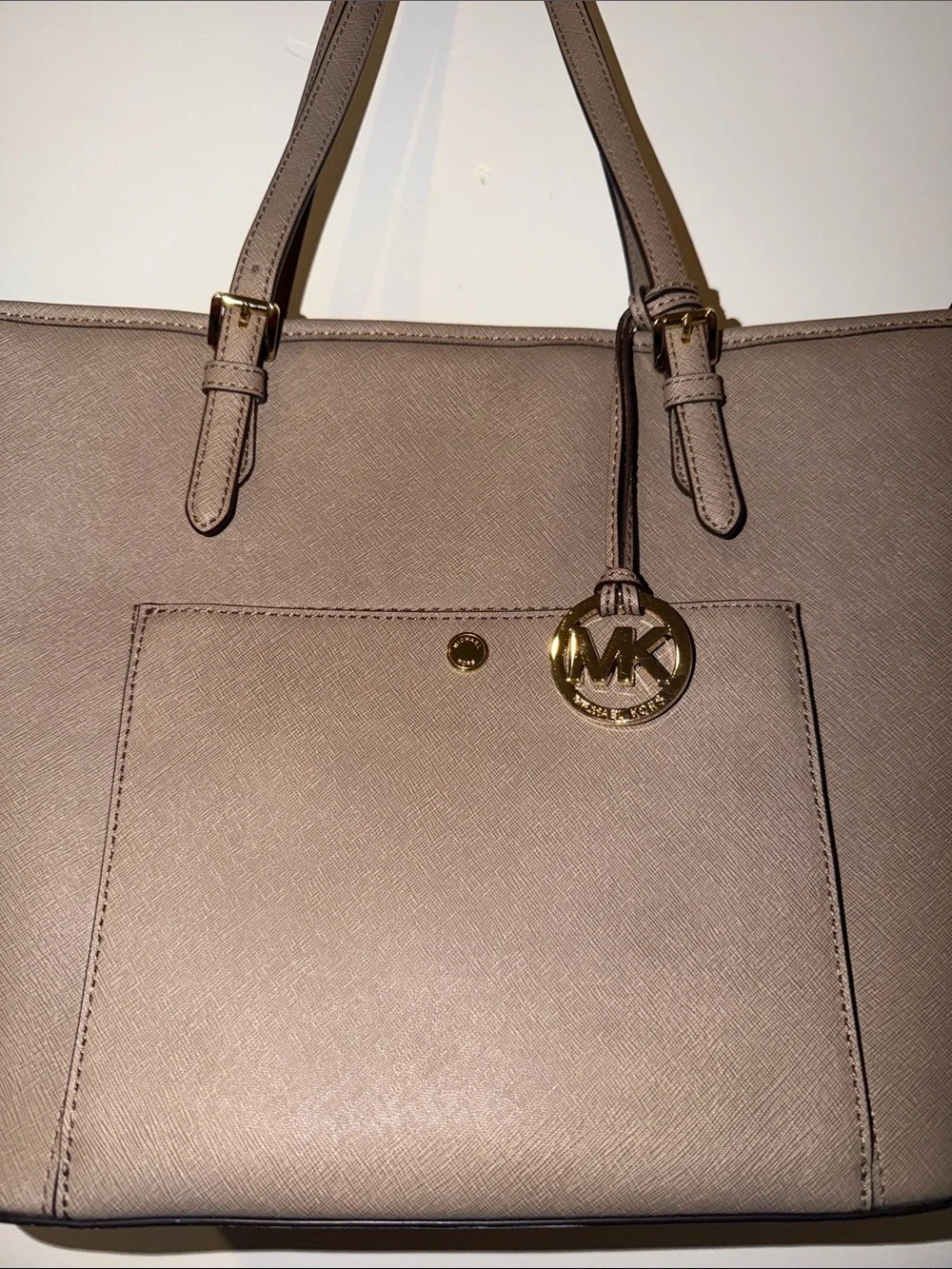 Michael Kors Taupe Leather Saffiano Tote with Gold Charm like new
